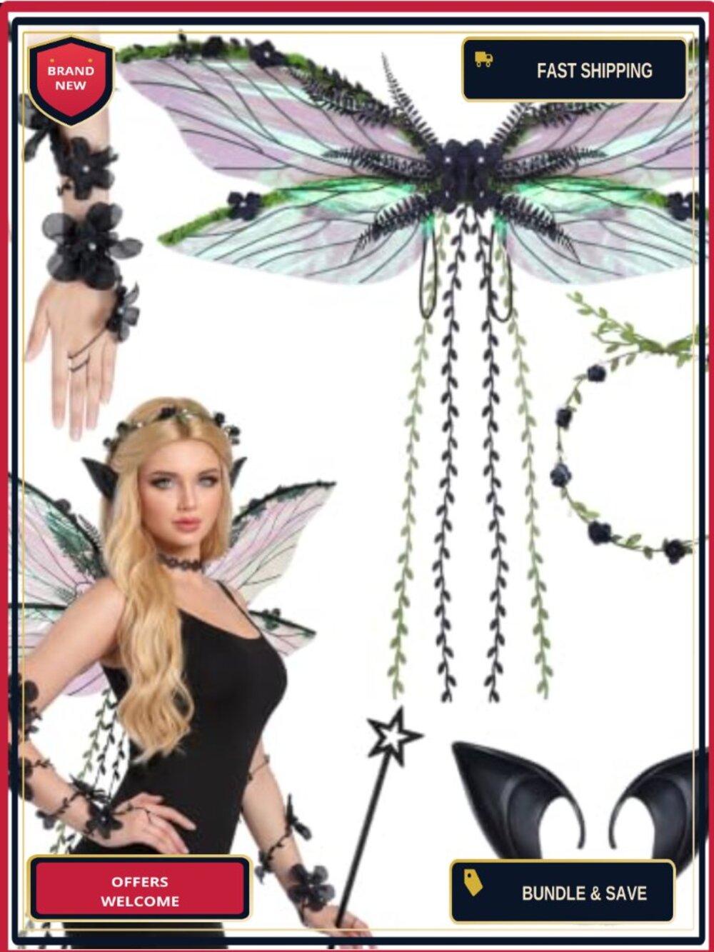 Gothic Fairy Costume Set Wings Wand Ears Crown Arm Wraps Halloween Cosplay